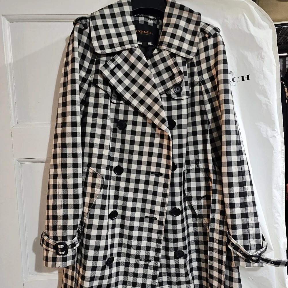 Coach Check Trench Coat Black White Gingham Checkered Rain Coat Double Breasted - Picture 10 of 12